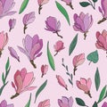 Vector seamless pattern of delicate magnolias and leaves